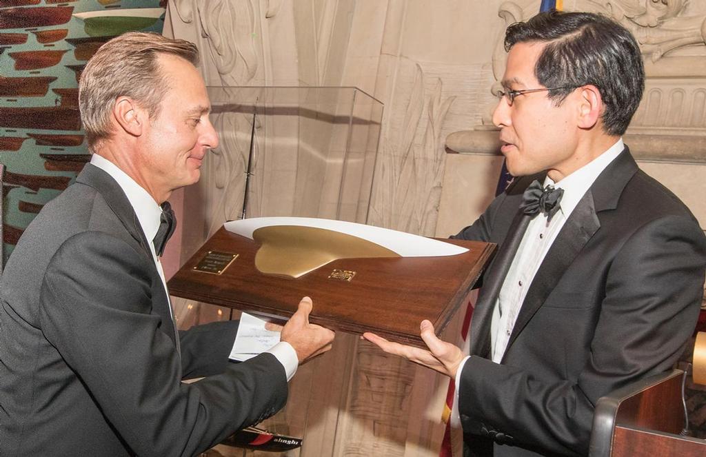 Steve Tsuchiya presents the ``Reliance`` model to Ernesto Bertarelli. ``Reliance``, the 1903 Cup defender, is the official symbol of the Herreshoff Marine Museum/America's Cup Hall of Fame - Hall of Fame induction for Ernesto Bertarelli Alinghi and Lord Dunraven - photo © Carlo Borlenghi <a target=